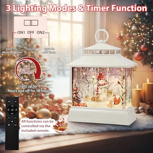 Christmas Snow Globe Lantern Water Glittering Lantern with 8 Songs & 6H Timer Romote Control Christmas Snow Globes USB & Battery Operated for Christmas Festival Decorations Gifts (Snowman) - Image 3