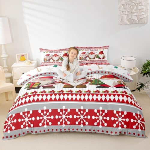 Cute Gnomes Kids Duvet Cover Set Queen Size,Merry Christmas Snowflake Dreamy Bedding Set,Girls Boys Adults Room/Cabin Decor,Happy New Year Comforter Cover,Red Romantic Quilt Cover,2 Pillowcases by Manfei