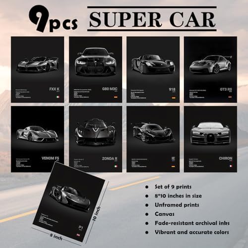 CSLGQGV Car Poster Vintage Racing Car Wall Art Supercar Canvas Prints Painting For Men Room Pictures Guys Dorm Room Aesthetics Decor Bedroom Office (Unframed,8×10inch,9pcs) black - Image 4
