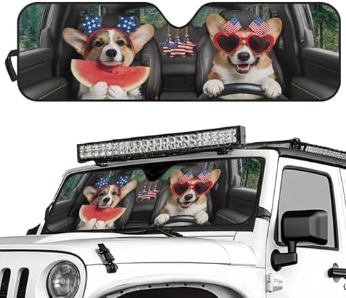 Renewold Funny Corgi Driving, Car Front Window Shade, Foldable Keep Cool Sun Shield Cover, Car Sun Visor for Jeep Wrangler JK JKU JL JLU 1997-2023 2/4 Door Gladiator JT, Automotive Windshield Sunshade