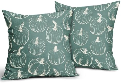 Light Blue Fall Pumpkin Pillow Covers 18x18 Set of 2 Autumn Themed Thanksgiving Cream Print Decorative Throw Pillows Outdoor PillowCase Farmhouse Linen Cushion Case Decor for Home Sofa Couch Bed - Image 2