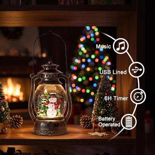 Christmas Snow Globe Lantern with LED Lighted Water Glitter, Hanging Kerosene Style Snowman Scene, Vintage Bronze Tabletop Holiday Decoration Gifts - Image 3