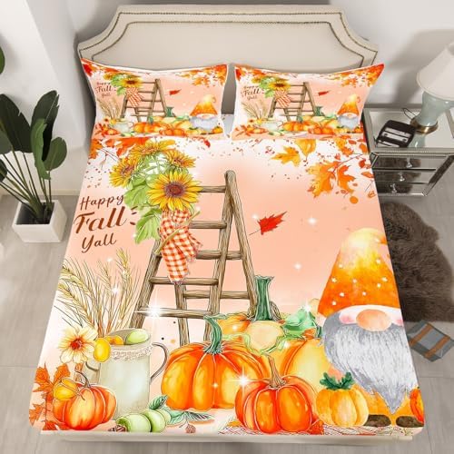 Happy Fall Gnomes Bedding,Thanksgiving Pumpkin Bed Sheets Twin Fall Home Room Decor,Autumn Natural Harvest Season Fitted Sheet + Flat Sheet + 1 Pillow Case,Rustic Maple Leaf Sunflower Sheet Set - Image 3
