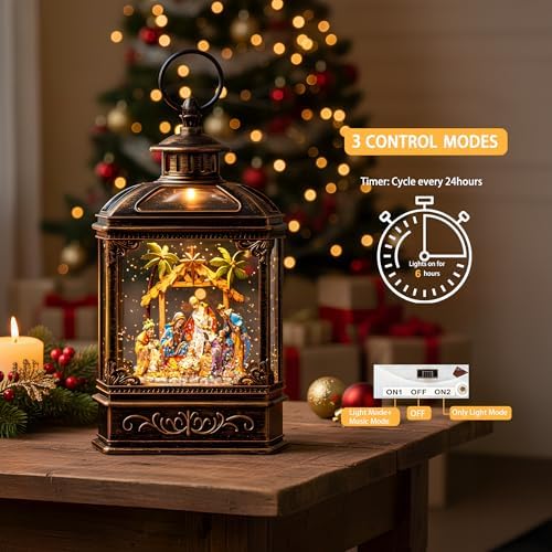 Christmas Snow Globe Swirling Glittering Nativity Scene with Music, USB Lined/Battery Operated Lighted Water Lantern for Christmas Festival Decoration Gifts - Image 3