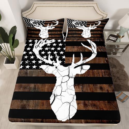 Feelyou Deer Camo Bed Sheets Set King Size American Flag Sheet Set for Kids Boys Girls Decor Deer Hunting Sheets with Deep Pocket Fitted Sheet Black Brown - Image 2