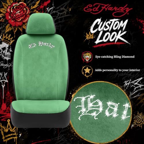 ED HARDY Car Seat Covers, Green Soft Short Plush & Silver Diamond Graphic