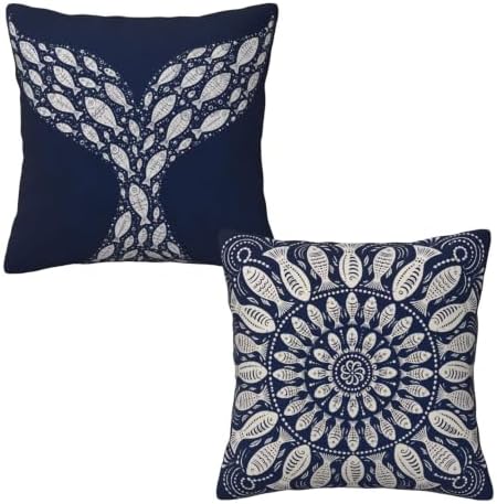 Navy Blue Fish Mandala Throw Pillow Covers 18x18 inch Set of 2 by Mshutbna
