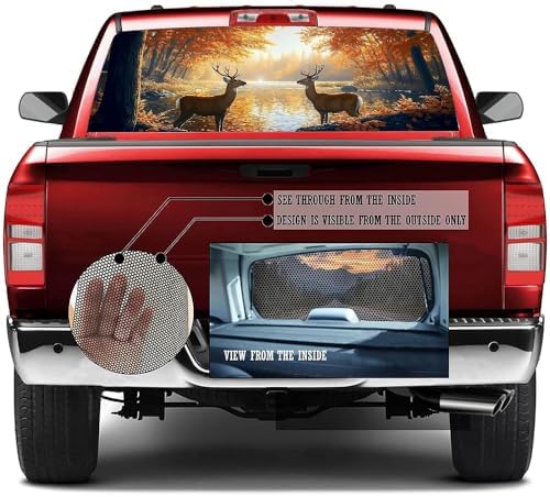 Modern Deer Rear Window Decals for Trucks, Bighorn Animal Nature Lake Fall Forest Sunset Window Decal Back Window Tint Graphic Perforated Vinyl Pickup Truck Stickers 66 x 22 inch
