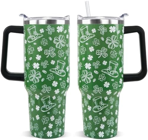 St. Patricks Day Tumbler 40oz Shamrock Tumbler Coffee Mugs Leak Proof Cups with Handle and Straw Stainless Steel Insulated Water Bottle for Lucky Irish Saint Patricks Decor Gifts(1PCS) by Unknown