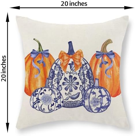 Fall Pillow Covers 20x20 Set of 2 Chinoiserie Blue and Orange Pumpkin Throw Pillows Grandmillennial Autumn Thanksgiving Decoration Pillowcase Outdoor Fall Decor Cushion Case for Couch Home - Image 2