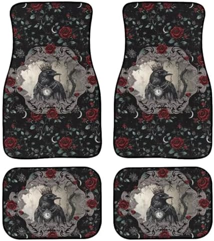 Raven 4 Pcs Car Floor Mats Retro Gothic Crown Crow Clock All Weather Anti Slip Front Rear Row Foot Mat Gothic Red Rose Thorn Car Interior Universal Fit for SUV Truck