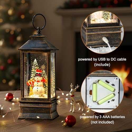 Christmas Snow Globes Water Lantern with Snowman, Black Brush Gold USB Lined Operated Lighted Lantern for Christmas Festival Decoration Gifts - Image 3