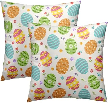 Easter Throw Pillow Covers 18X18 Inches Set of 2 Colorful Eggs Spring Flowers Pillowcase Soft Cotton Square Seasonal Cushion Covers for Living Room Sofa Bedroom Decor by Sweetshow