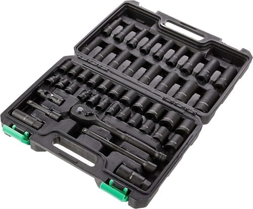 Amazon Basics 46-Piece 3/8-Inch Drive Socket Set with 6 & 12 Point Sockets, 72 Teeth Ratchet, SAE & Metric Sizes, Extension Bars, Universal Joint, Carrying Case by AmazonBasics