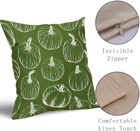 Green Fall Pumpkin Pillow Covers 16x16 Set of 2 Autumn Themed Thanksgiving Cream Print Decorative Throw Pillows Outdoor Pillowcase Farmhouse Linen Cushion Case Decor for Home Sofa Couch Bed - Image 4
