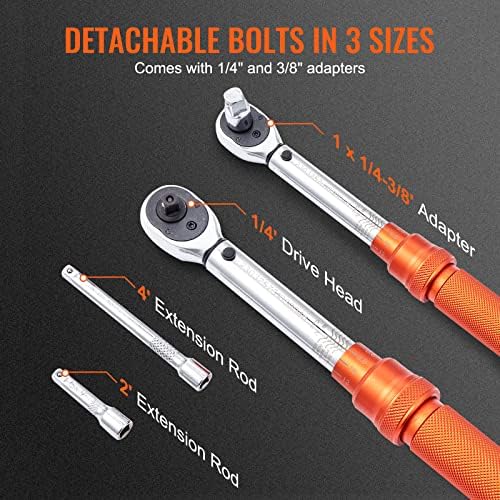 VEVOR 1/4-inch Drive Click Torque Wrench, 20-200in.lb/3-23n.m Mechanical Dual Range Scales, Dual-Direction Adjustable with Adapters Extension Rod - Image 6