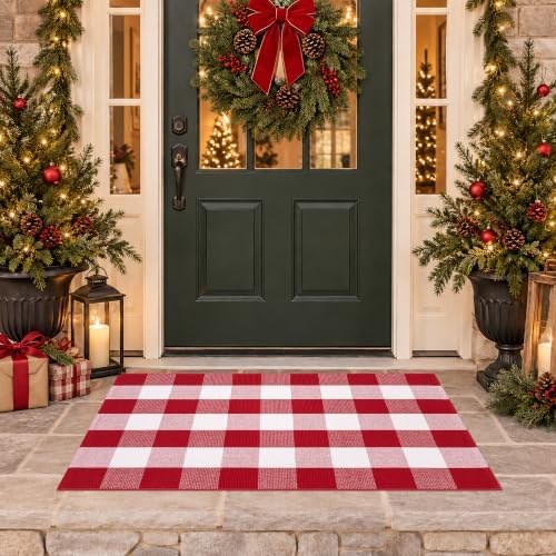 Christmas Red and White Plaid Door Mat, 28 x 43 Inches Cotton Hand-Woven Layered Entry Mat for Front Porch, Entryway, Outdoor Holiday Decor, Washable Buffalo Check Doormat for Home, Patio, Kitchen - Image 2