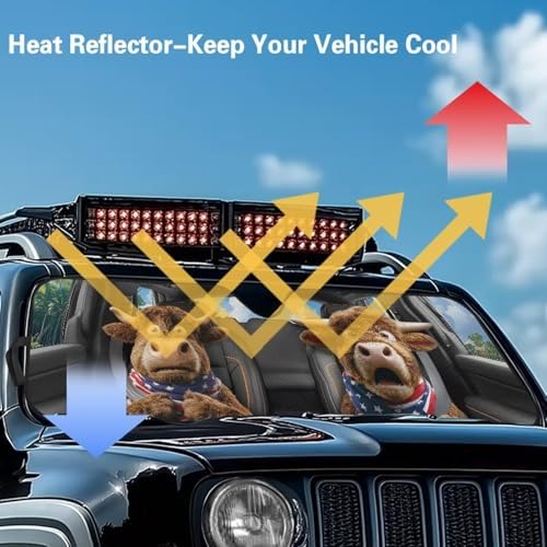 Renewold Auto Front Windshield Sun Shade Compatible with Jeep Wrangler Car Window Easy Install Sunshade Cover UV Glare Heat Sunlight Blocker Sun Visor for Jeep Gladiator JT Funny Highland Cow Driving