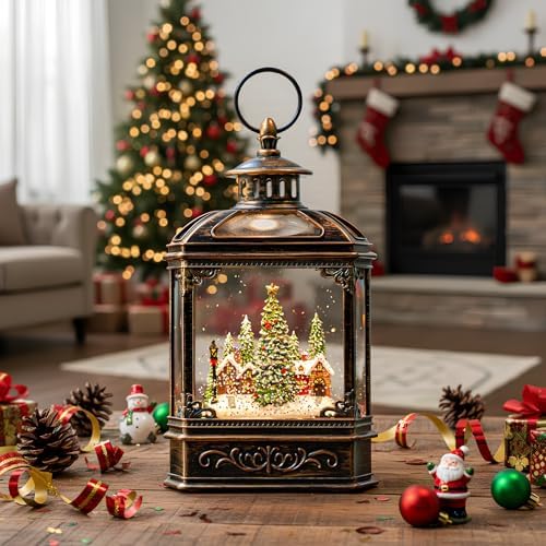 Christmas Snow Globe Lantern Water Glittering Xmas Village with Music & Timer, USB Lined/Battery Operated Lighted Lantern for Christmas Festival Decoration Gifts - Image 2