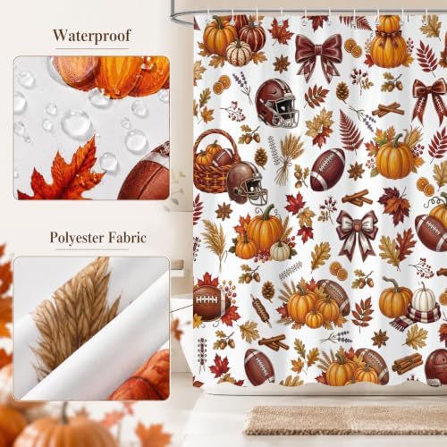 Fall Football Pumpkin Shower Curtain, Autumn American Football Sports Leaves Maple Leaf Shower Curtain fo Bathroom Set, Fall Thanksgiving Waterproof Bath Decor with Hooks 72 x72 Inch - Image 6