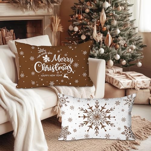 Lanpn Christmas Throw Pillow Covers 12x20 Set of 4, Merry Christmas Winter Xmas Snowflake Decorative Holiday Cushion Pillow Cases 12 x 20 for Outdoor Indoor Farmhouse Home Room Couch Decor (Brown) - Image 4