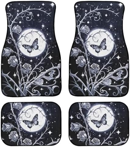 Butterfly Car Floor Mats 4PCS, Silvery Thron Rose Rubber Non-Slip Front and Rear Floor Mats, Gothic Starry Night Moon All Weather Heel Pad Universal Fit SUV Van Truck