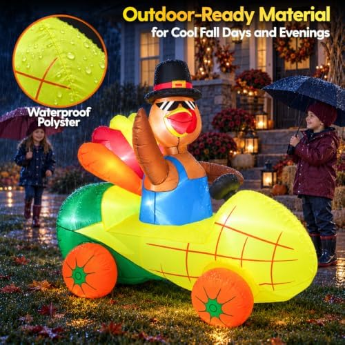 zukakii 6FT Thanksgiving Inflatable Turkey Driving Corn Car Fall inflatables with Bright Built-in LED Lights Thanksgiving Blow Up Turkey Outdoor Blow Up Yard Decoration for Harvest Fall Yard Decor - Image 4