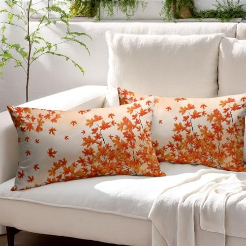 Fall Maple Leaves Throw Pillow Covers 12x20 Set of 2 Thanksgiving Orange Leaf Pillow Covers Autumn Foliage Watercolor Pillowcase for Kitchen Sofa Outdoor Couch Bedroom Living Room Decoration - Image 3