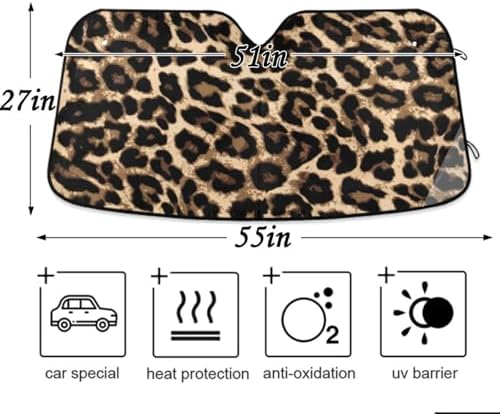 Leopard Print Car Windshield Sun Shade Foldable UV Ray Sun Visor Protector Sunshade to Keep Your Vehicle Cool (51" x 27")
