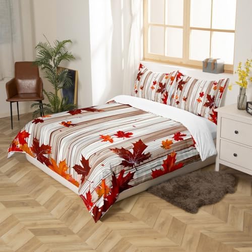 Maple Leaf Kids Duvet Cover Set Queen Size,Fall Plants Autumn Bedding Set,Girls Boys Adults Room/Cabin Decor,Old Wooden Plank Vintage Comforter Cover,Orange Retro Quilt Cover,2 Pillowcases - Image 5