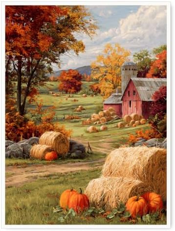 Autumn Farmhouse Wall Art – Rustic Red Barn Landscape with Pumpkins, Fall Harvest Canvas Print for Country Living Room or Seasonal Decor Display 16x20in Unframed by Unknown