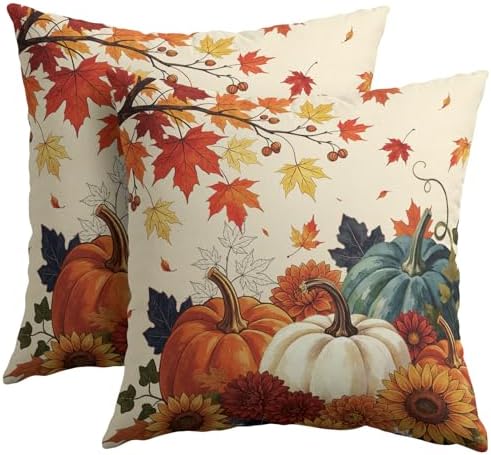 Fall Pumpkin Pillow Covers 20x20 Inch Set of 2, Autumn Blue Orange Throw Pillow Covers Harvest Thanksgiving Pillowcase, Maple Leaf Decorative Seasonal Cushion Case Couch for Indoor Outdoor Home Decor by Unknown