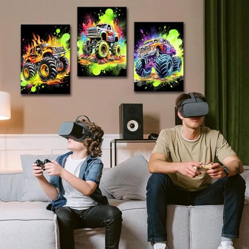 Graffiti Monster Truck Wall Art Funny Car Canvas Prints Pictures Kids Bedroom Wall Decor Cool Watercolor Hot Wheels Monster Supercar Poster Artwork for Boys Gamer Men Dorm Decorations 16x24"x3P - Image 2
