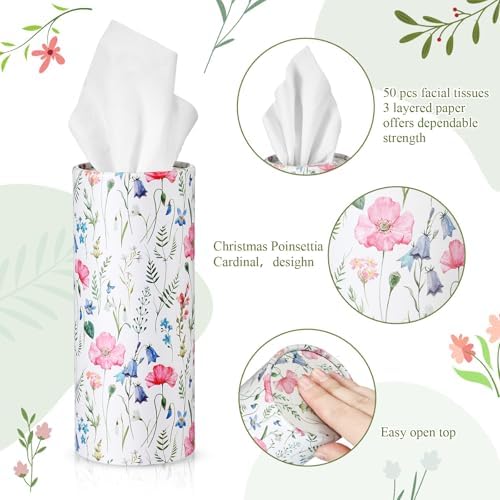 Cinnvoice 20 Pcs Spring Wildflower Car Tissues Cylinder with 3 Ply Facial Tissues Bulk, Wild Floral Round Tissue Boxes Tubes Travel Tissue for Car Cup Holder Home Bathroom Office Accessories - Image 2