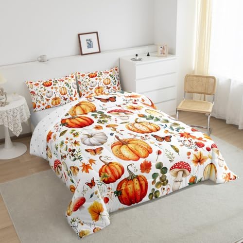 Feelyou Fall Bedding Set for Girls Boys Kids Toddler Size Halloween Pumpkin Autumn Comforter Cover Room Decor Cute Flowers Maple Leaves Duvet Cover White Yellow Orange Quilt Set - Image 2