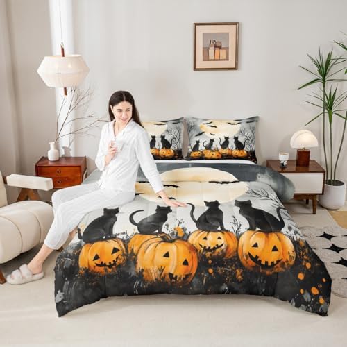 Happy Halloween Comforter Set Moon Pumpkin Cats Comforter Toddler Size Cartoon Cat Bat Animal Rustic Bedding Set for Kids Adult Bedroom Decor Fashion White Quilt Duvet,2 Pcs with 1 Pillowcase - Image 2
