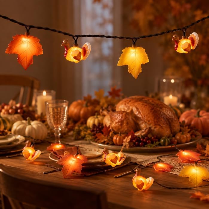 Fall String Lights Plug in, 12Ft 20 LED Maple Leaves Turkey Decor Lights - Image 5