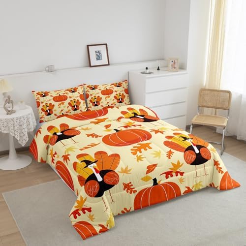 Pumpkin Comforter Set Full Size Fall Maple Leaves Bedding Set For Kids Boys Adults Chicken Cartoon Chic Funny Animal Down Comforter Thanksgiving Day Duvet Set Chick Botanical Bedroom Decor 3Pcs - Image 6