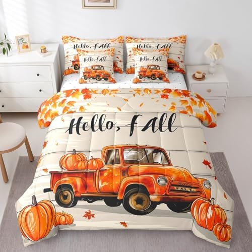 Erosebridal Fall Autumn Full Comforter Set 7 Piece,Pumpkin Truck Bed in A Bag with Sheet Set Thanksgiving Harvest Bedding Set for Kids Adults Rustic Farmhouse Barn Door Maple Leaf Bed Set by Erosebridal