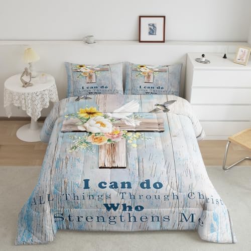 Erosebridal Thanksgiving Comforter Set Cross Theme Decor, Kids Pure Spirit White Flowers Bedding for Adults, Dove of Peace Vintage Wooden Print Duvet Insert Full Size by Erosebridal