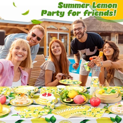 Funnymoom 452 Pcs Lemon Party Decorations, Yellow Lemons Paper Plates Napkins Cups Tablecloth Cutlery Straws for Summer Fruit Theme Birthday Wedding Baby Shower Party Supplies, Serves 50 - Image 5