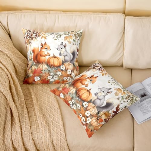 Squirrel Double Sides Print Pillow Covers 2 Pack,Rustic Autumn Maple Leaves Pumpkin Throw Pillow Case Covers,Fall Thanksgiving Day Natural Cute Animal Cushion Covers,18"x18" - Image 2
