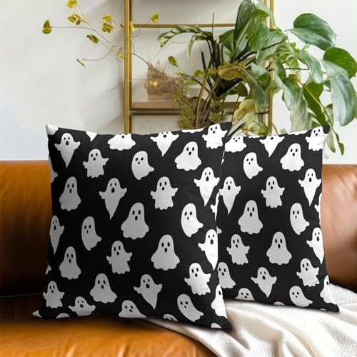 Sweetshow Happy Halloween Throw Pillow Covers 20X20 Inches Set of 2 White Cute Ghost Spooky Black Pillowcase Soft Cotton Square Cushion Covers for Home Sofa Bedroom Decoration - Image 7