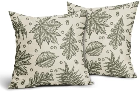Olive Green Fall Pillow Covers 20x20 Set of 2 Cream Maple Leaf Print Autumn Colored Harvest Decorative Outdoor Pillowcases Farmhouse Seasonal Throw Cushion Case Decor for Home Couch Sofa Bed - Image 2
