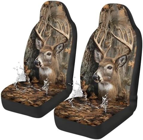 Waterproof Front Seat Covers Easy Installation Camo Deer Hunter Car Seat Covers Set of 2 Stretch Polyester Fabric Cover Car Interior Accessories Universal Fit Most Cars,SUV, Trucks