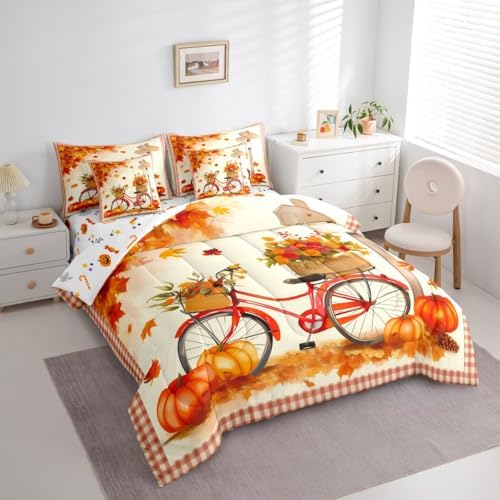 Erosebridal Thanksgiving Pumpkin Queen Size Comforter Set with Sheets Maple Leaves Bike Bicycle 7 Pieces Bed in a Bag Queen Harvest Decor Farmhouse Fall Leaves Beddding Sets with Comforter,Flat Sheet - Image 2