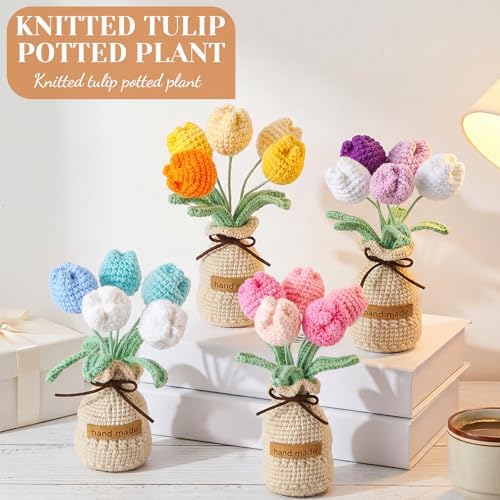 Suncalla 4 Sets Crochet Knitting Tulip Bouquet with Vase 7" - Image 2