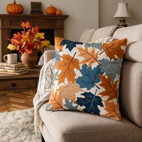 Fall Pillow Covers 16x16 Set of 2 Burnt Orange Blue Maple Leaf - Image 4