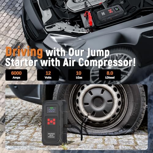6000A Jump Starter with Air Compressor, Portable Car Battery Jump Starter with 150 PSI Tire Inflator for Up to 10.0L Gas and 8.0L Diesel Engines, 12V Jump Box with LCD Display - Image 2