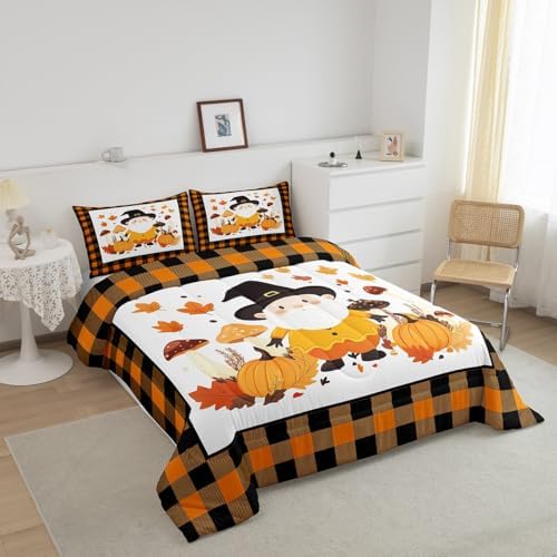 Erosebridal Cute Gnome Kids Bedding | Fall Twin Comforter Sets,Farmhouse Plaid Buffalo Grid Comforter Thanksgiving Autumn Leaves Duvet Insert with 1 Pillow Case - Image 3